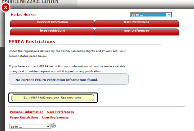 Edit FERPA/Directory Restrictions button highlighted
