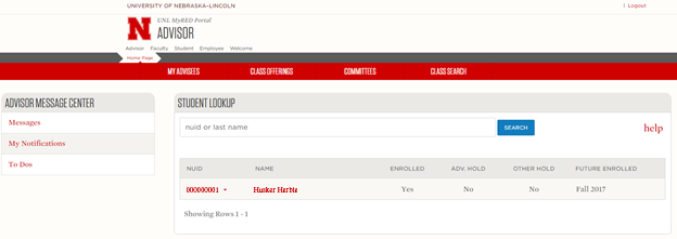 Screenshot of MyRED student lookup view for advisors