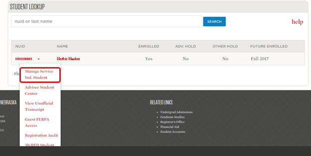 Screenshot of the student lookup view in MyRed with the manage service ind. student option highlighted
