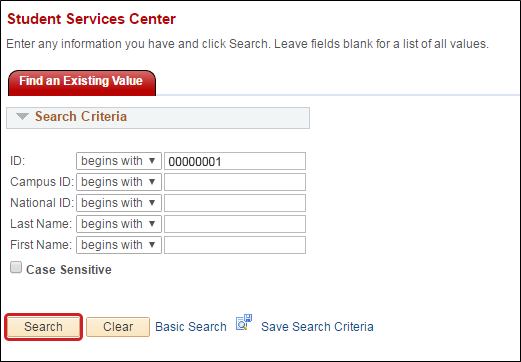 Screenshot of MyRED student services tab with the Search button highlighted