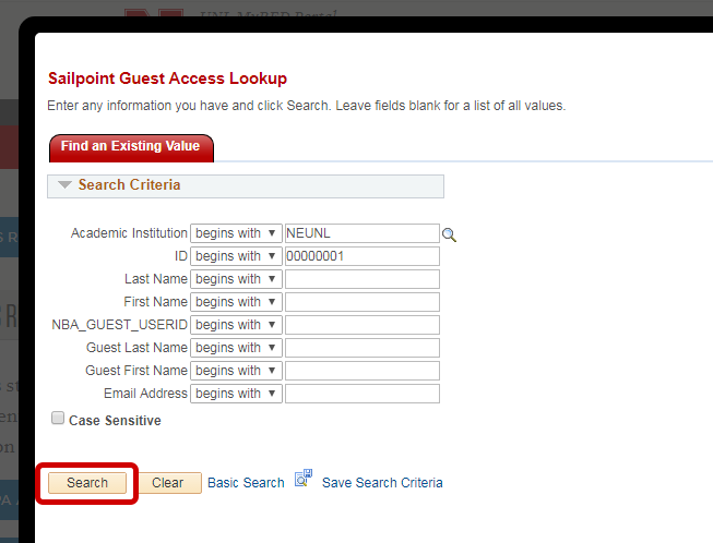 Screenshot of MyRED pop-up window displaying Student ID search view