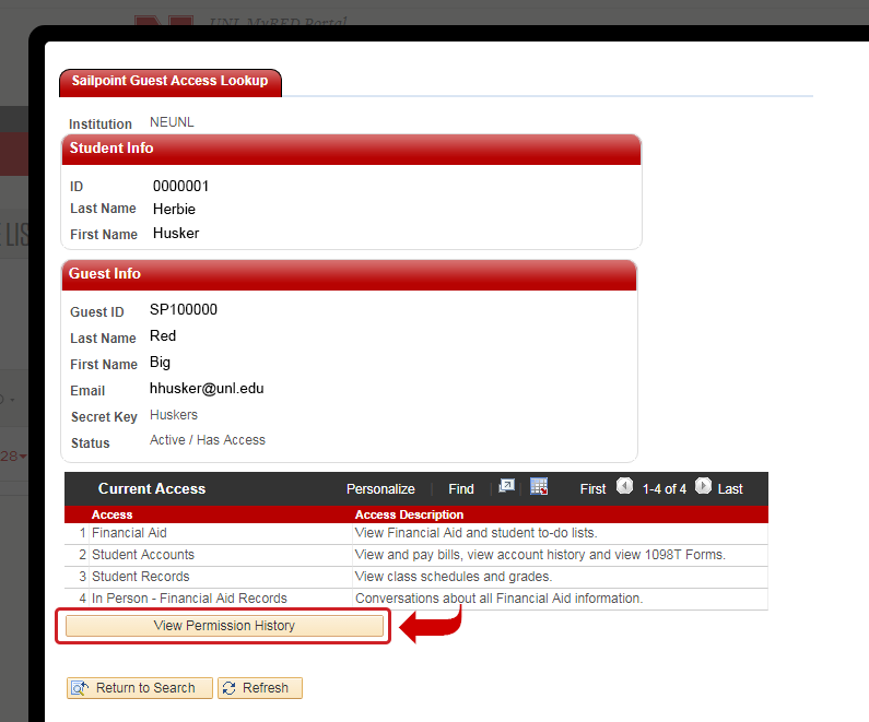 Screenshot of MyRED view of guest access history with View Permission History button highlighted