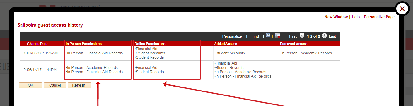 Screenshot of MyRED view of the guest access screen with in-person and online permission lists highlighted