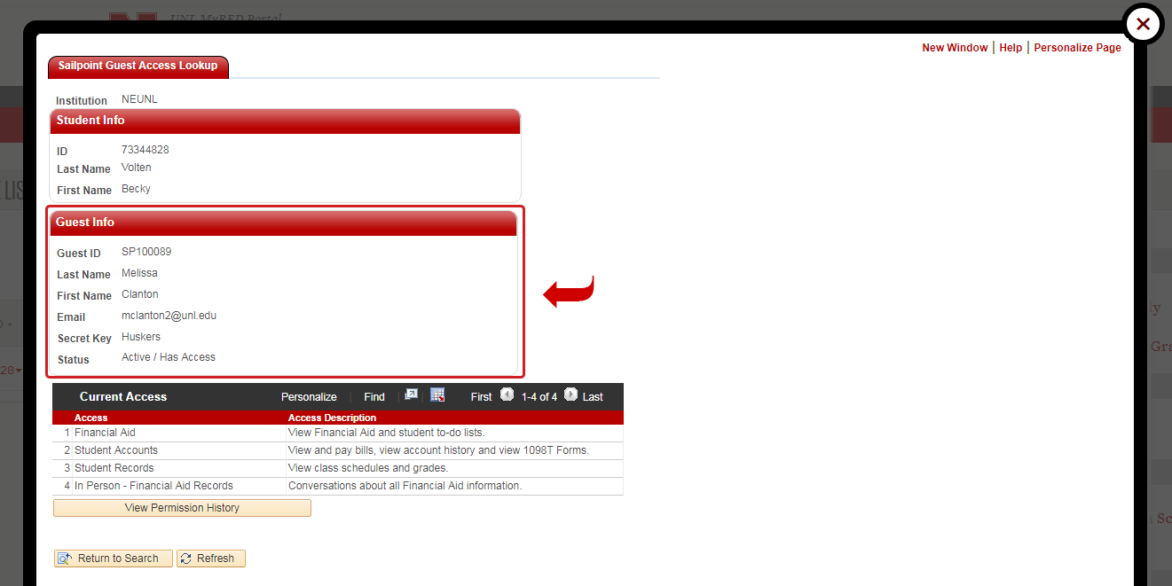 Screenshot of the MyRED view of the guest access lookup with the guest information section highlighted