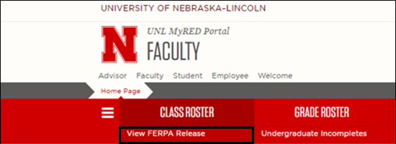 Screenshot of MyRED Faculty tab with View FERPA Releass under Class Roster highlighted