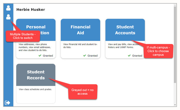 Screenshot of MyRED parent/guest dashbaord showing the list of accounts this user can access